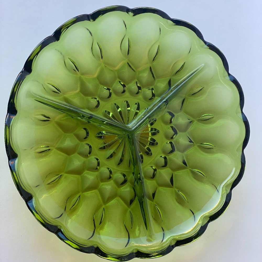 1960s Anchor Hocking Round Green Glass Divided Relish Dish in Fairfield Pattern